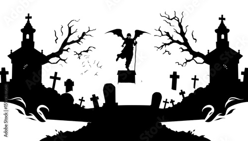 mysterious graveyard silhouette with churches and flying figure