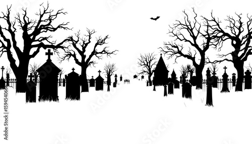 eerie wide graveyard silhouette with barren trees at night