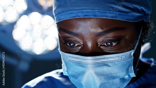 Closeup of black African American female surgeon in the operating room