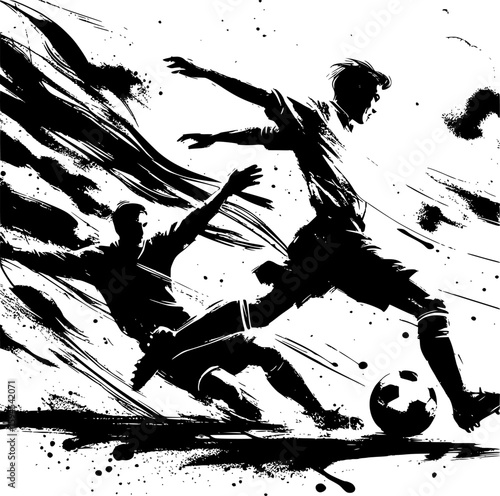 Artistic black and white soccer scene in Japanese ink wash style, depicting a striker and goalkeeper in emotional motion. Great for editorial art, gallery-style prints, or creative merchandis
