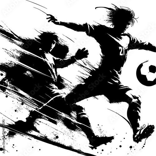 Artistic black and white soccer scene in Japanese ink wash style, depicting a striker and goalkeeper in emotional motion. Great for editorial art, gallery-style prints, or creative merchandis