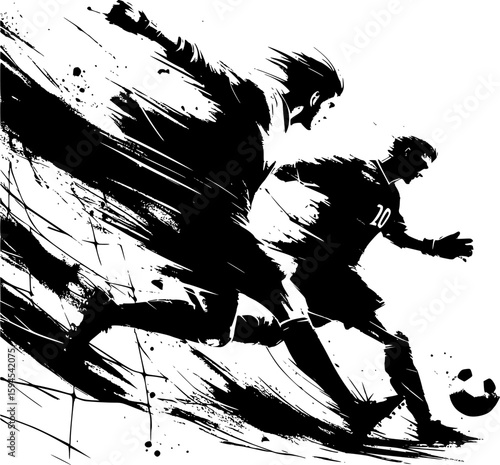 Artistic black and white soccer scene in Japanese ink wash style, depicting a striker and goalkeeper in emotional motion. Great for editorial art, gallery-style prints, or creative merchandis