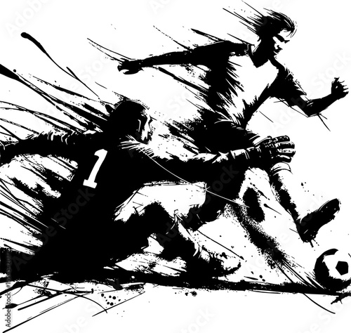 Artistic black and white soccer scene in Japanese ink wash style, depicting a striker and goalkeeper in emotional motion. Great for editorial art, gallery-style prints, or creative merchandis