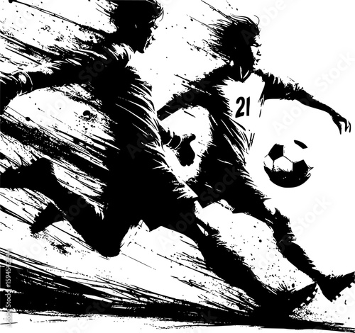 Artistic black and white soccer scene in Japanese ink wash style, depicting a striker and goalkeeper in emotional motion. Great for editorial art, gallery-style prints, or creative merchandis