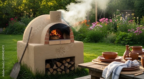 Artisanal Bread Baking in a Smoking Cob Oven Amidst a Sun-Kissed Garden.