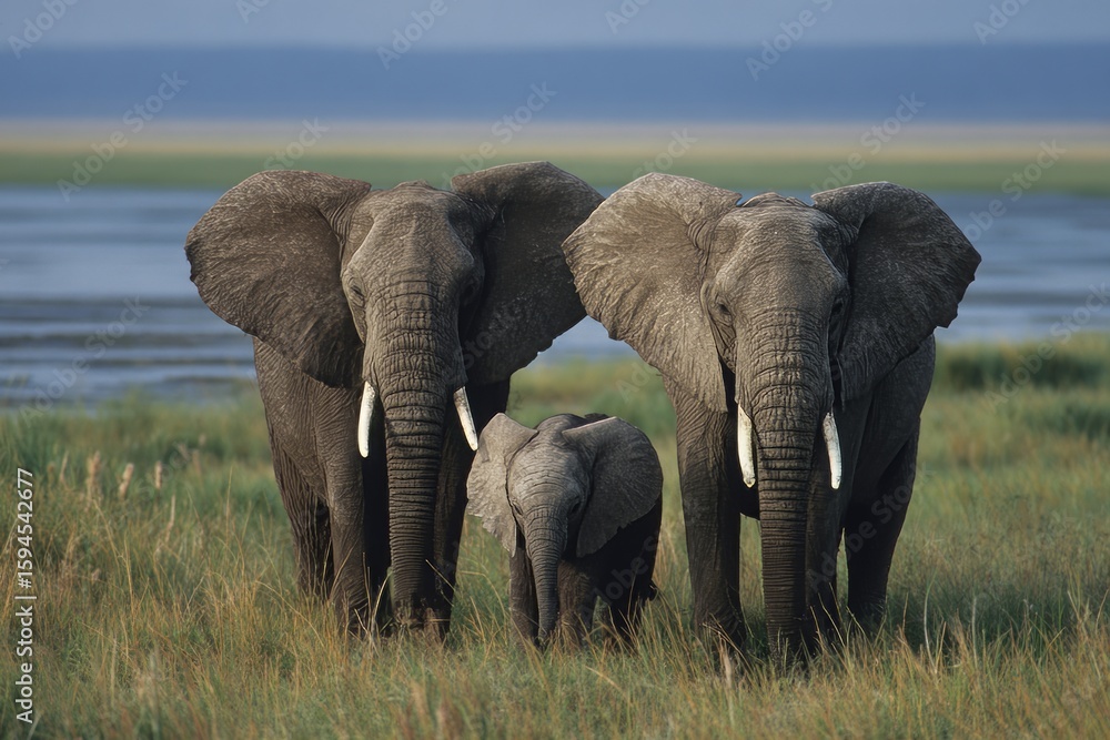 Obraz premium A gentle African elephant mother and her baby graze peacefully in the wild savanna