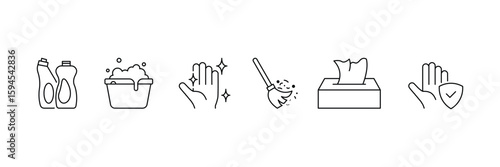 Set of  line cleaning icon collection. Washing, Washing floors, windows, dishes, clothes symbol.