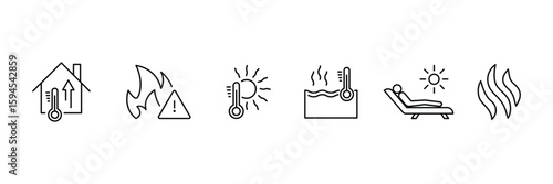 Set of liner hot temperature icon collection. fire, heat, sun, hot and cold weather, summer and spring symbol.