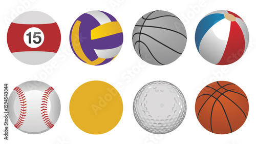Assortment of Sports Balls Billiard, Volleyball, Basketball, Beach, Baseball, Golf, Isolated on White