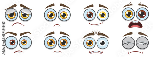 Cartoon Facial Expressions Set Sad, Happy, Surprised, Angry, Confused, Sleepy Faces