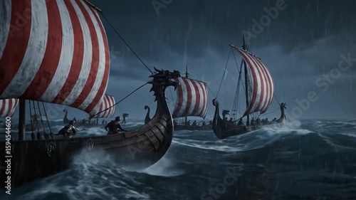Viking longships sailing in a stormy sea