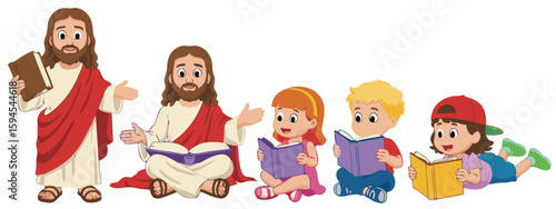 Cartoon Jesus Teaching Children Reading Books Together in a Bible Story Illustration Art