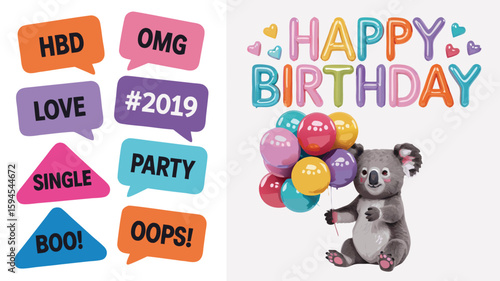 Cartoon Koala with Balloons and Happy Birthday Text, Beside Colorful Speech Bubbles