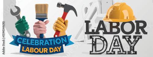 Cartoon Labor Day Celebration with Tools, Hands, and a Safety Helmet Illustration