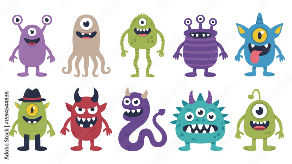 Obraz premium Cartoon Monster Collection Colorful Illustration of Ten Friendly, Funny Aliens with One, Two, Three Eyes