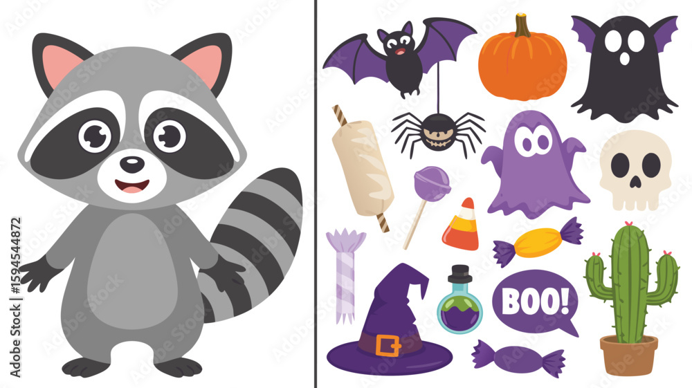 Naklejka premium Cartoon Raccoon with Halloween Icons Including Ghosts, Candy, Skull, Cactus, and Witch Hat