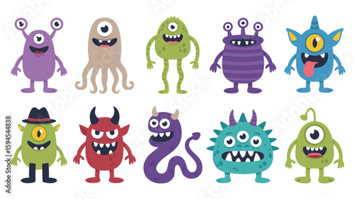 Cartoon Monster Collection Colorful Illustration of Ten Friendly, Funny Aliens with One, Two, Three Eyes