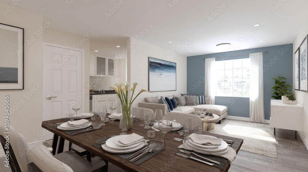 Fototapeta premium Open-concept living area with a dining space.
