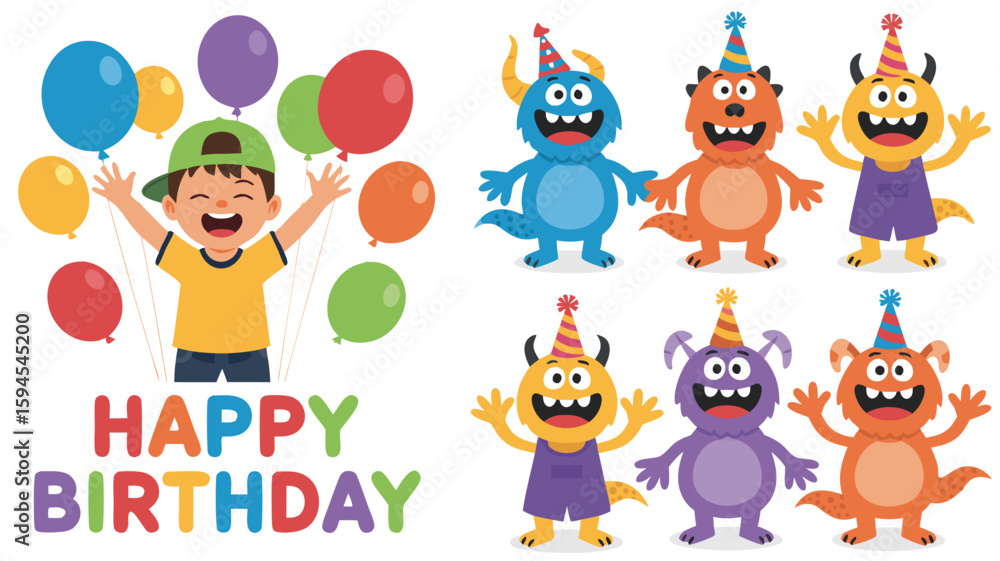 Naklejka premium Cheerful Boy with Balloons Beside Happy Birthday Text and Playful Monsters Cartoon Illustration
