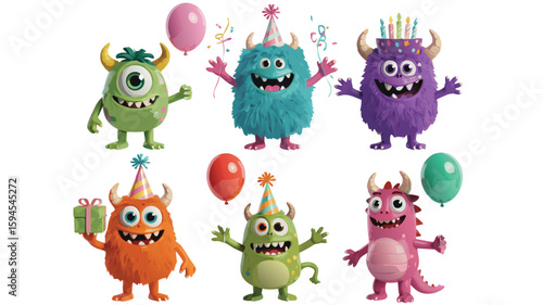 Cheerful Cartoon Monsters Celebrating Birthday Party with Balloons and Party Hats on White Background
