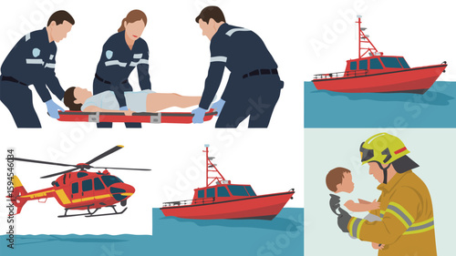 Emergency Response Paramedics, Stretcher, Rescue Boat, Helicopter, and Firefighter with Child Illustration
