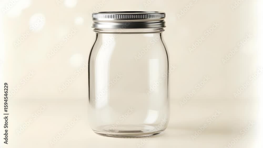 Isolated Clear Glass Jar with Silver Lid on Soft Beige Background for Product Mockups Isolated Clear Glass Jar with Silver Lid on Soft Beige Background for Product Mockups