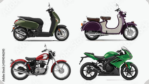 Four Different Cartoon Motorbikes and Scooters Illustration Olive Green, Red, Purple, and Bright Green