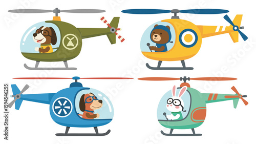 Four Cute Cartoon Helicopters Piloted by a Dog, Bear, Dog, and Rabbit on White Background
