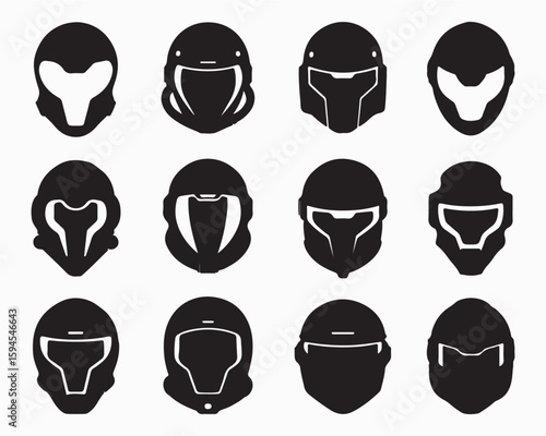 Collection of twelve black and white helmet designs in a grid pattern on a white background display