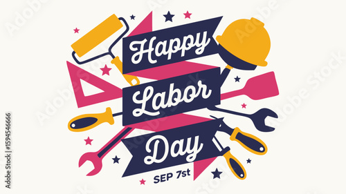 Happy Labor Day Celebration with Tools, Stars, and September 7th Date Illustration