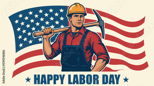 Happy Labor Day Illustration of Construction Worker Holding Pickaxe with American Flag Backdrop