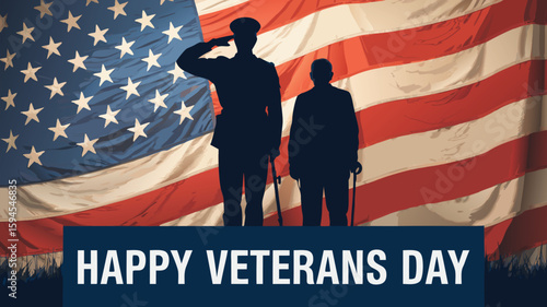 Honoring Veterans Day Silhouettes of Soldier Saluting Beside Veteran Against American Flag Backdrop