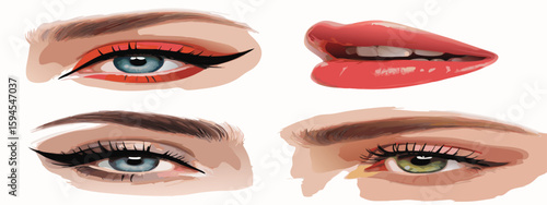 Illustration Woman's Eyes with Eyeliner, Eyeshadow, and Red Lips with Visible Teeth