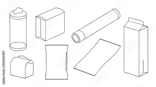 Isometric Outline of Various Packaging Types Including a Carton, a Bag, a Cylinder, and More