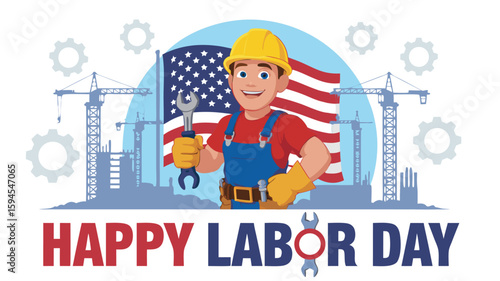 Labor Day Cartoon Smiling Worker with Wrench, US Flag, Cranes, Gears Background Illustration
