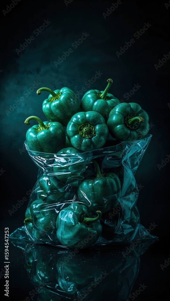 Fototapeta premium Vibrant teal bell peppers in plastic bag: a unique twist on traditional produce imagery