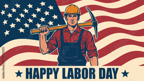 Retro Happy Labor Day Featuring a Construction Worker with American Flag Backdrop