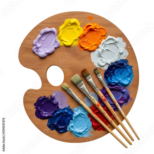 Wooden painting palette with colorful paint blob and brushes isolateed on white background