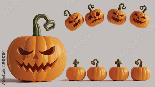 Spooky Halloween Array of Carved Pumpkins with Varying Expressions, Sizes, and Arrangements Against Neutral Background