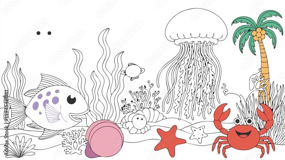 Obraz premium Undersea World Coloring Page Fish, Crab, Jellyfish, Starfish, Palm Tree Illustration