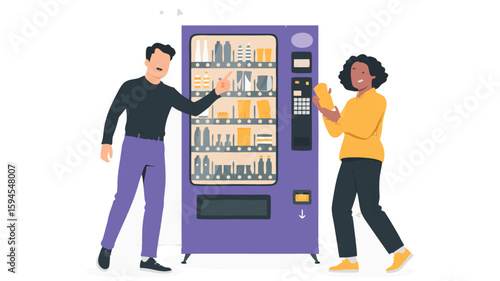 Two Friends Purchasing Refreshments from a Purple Vending Machine with Snacks and Drinks Inside