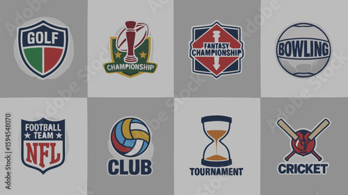 Various Sports Logos Featuring Golf, Football, Volleyball, Cricket, Fantasy Championships, and Bowling on Gray Background