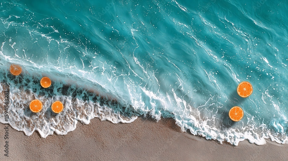 Fototapeta premium Oranges Floating in Ocean Waves, Tropical Beach with Fresh Citrus, Aerial View of Ocean Shore, Refreshing Summer Beach Scene.