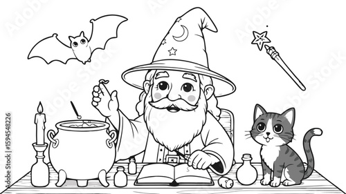 Wizard Brewing Potion with Cat, Bat, Candle and Magic Wand Outline Coloring Page