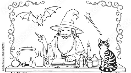 Wizard with Bat, Cat, and Potions Coloring Page for Halloween Fun