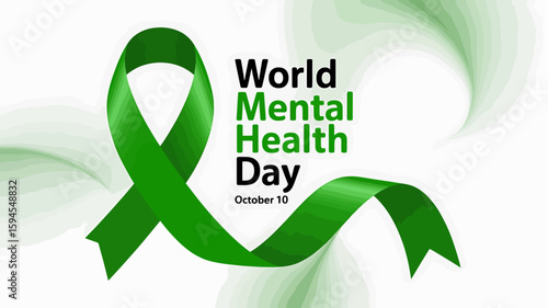World Mental Health Day Poster Vector Illustration with Brain, Green Ribbon, Support Hands, Wellness Symbols, Calm Face, Plants, Mind Icons and Green Theme