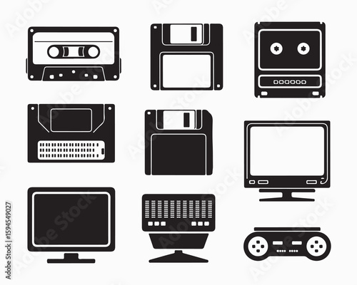 Collection of vintage technology including cassette tapes floppy disks monitors and a game controller