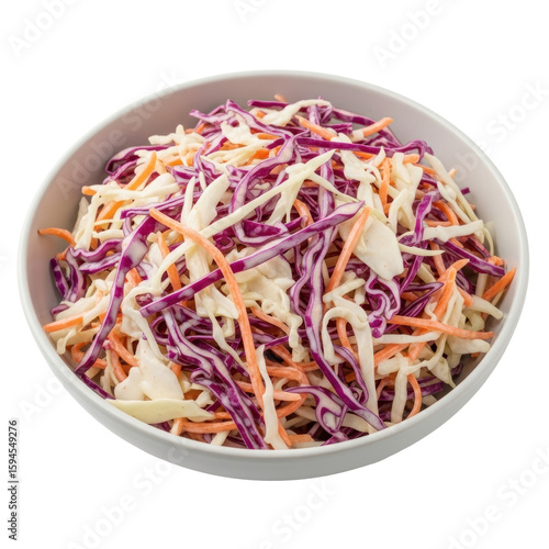 A vibrant bowl of classic coleslaw, featuring a mix of shredded white and red cabbage with carrots, perfect as a side dish or for a picnic.
