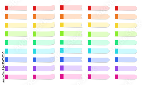 Long colorful sticky notes with vibrant tips and fading ends. Featuring 5 edge styles for modern planning or digital workspace mockups.