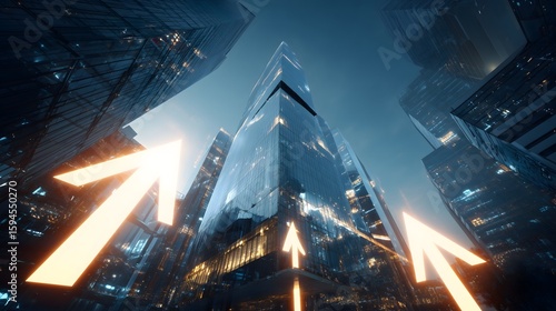 Arrows pointing up on buildings, Business growth in urban setting, Progress and development in city, Financial success and upward trend